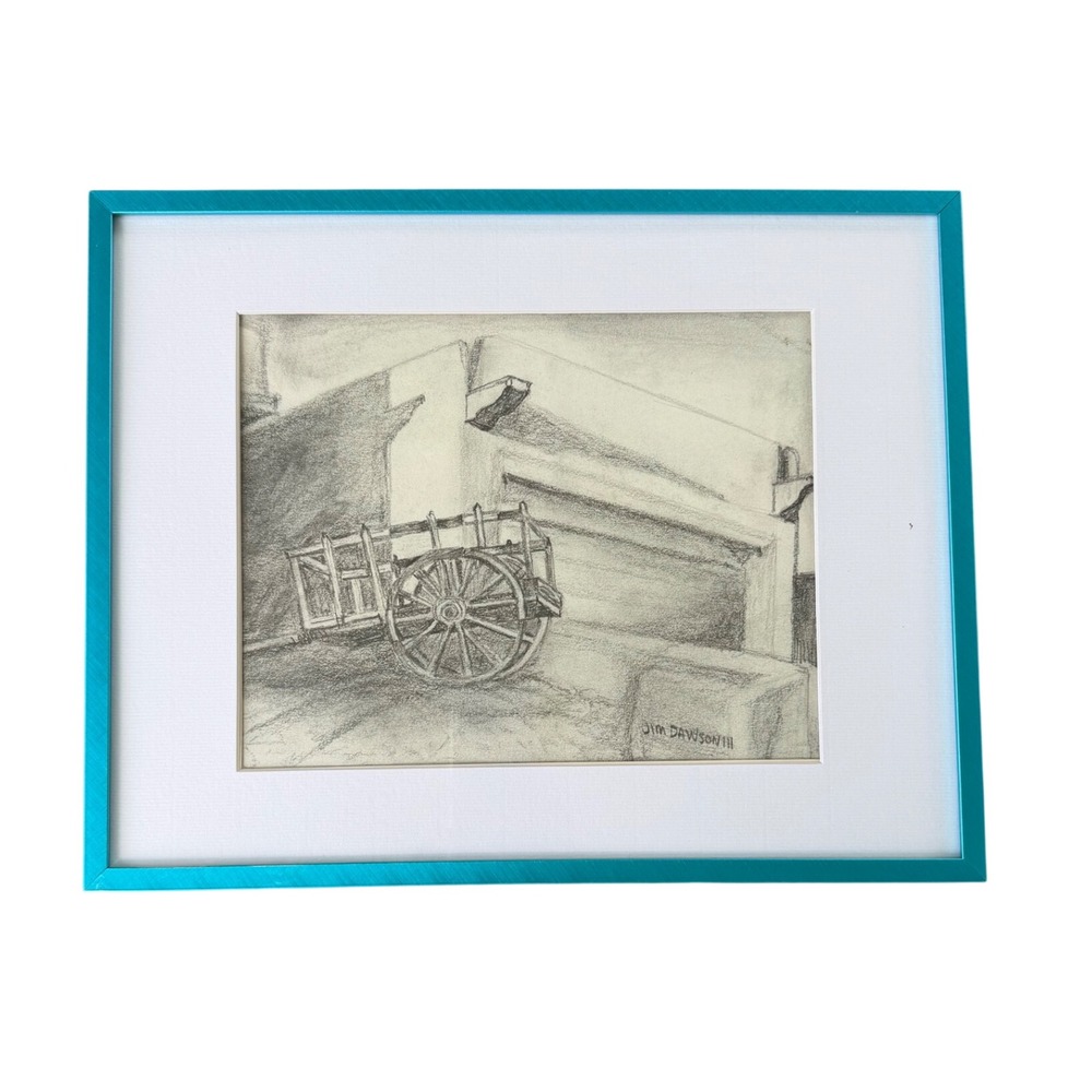 Jim Dawson Signed Original Pencil Sketch Framed Charcoal Art Rustic Cart